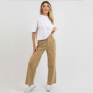 Rusty Noah Casual Twill Pants High Rise Wide Leg Relaxed Cut Khaki Color